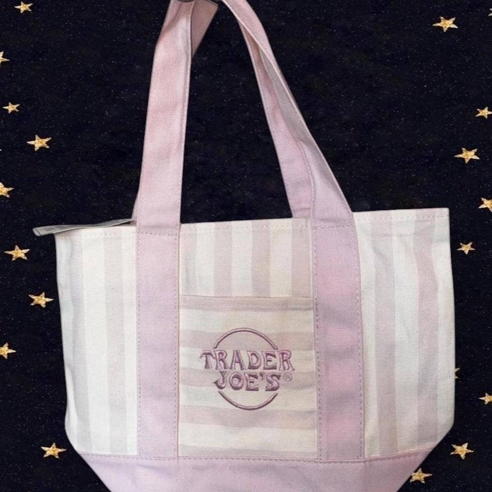 Trader Joe's Striped Mini Canvas Tote Bag Pink Cream Limited Edition Handbag